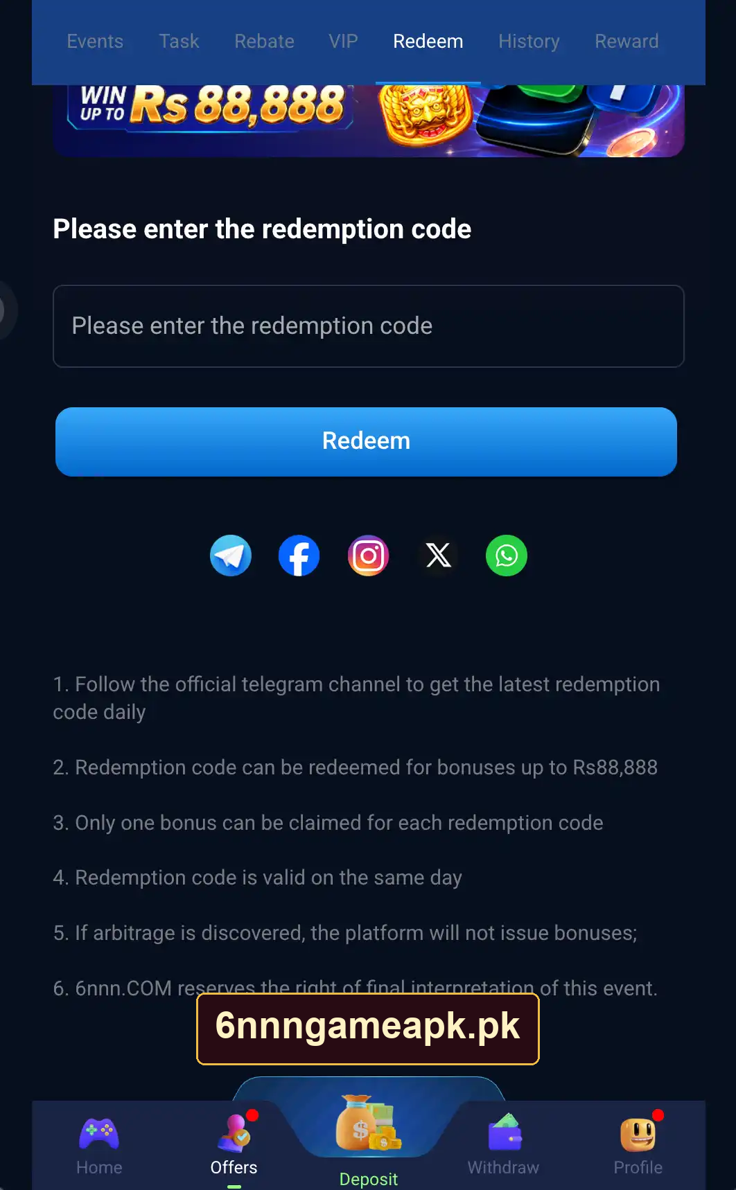 6NNN redemption code screen